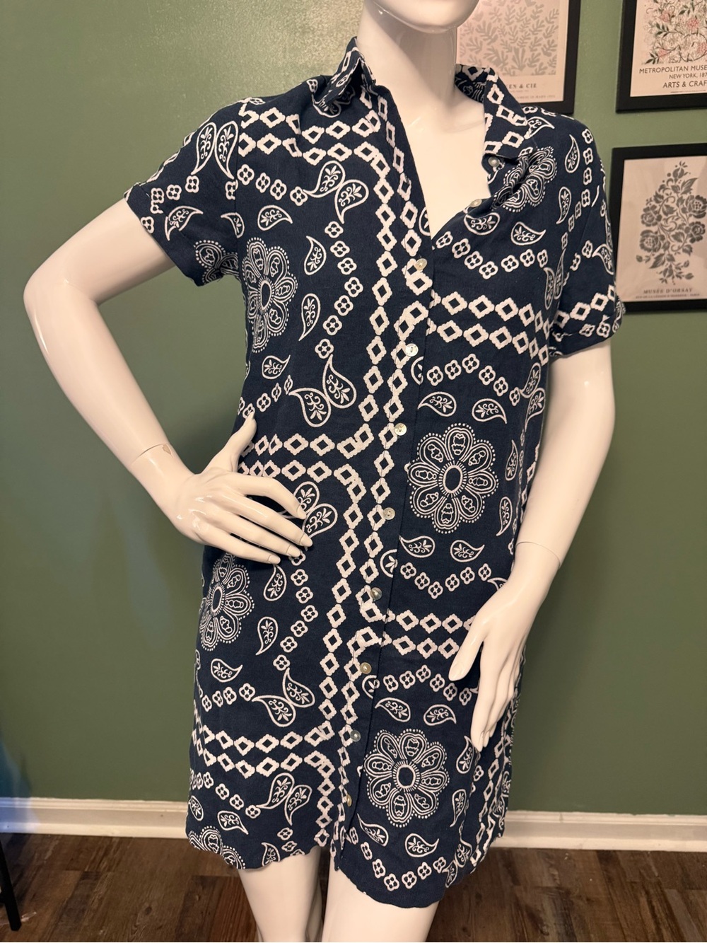 C&C California Navy and White Paisley Print Button-Up Shirt Dress NWT Linen Blen